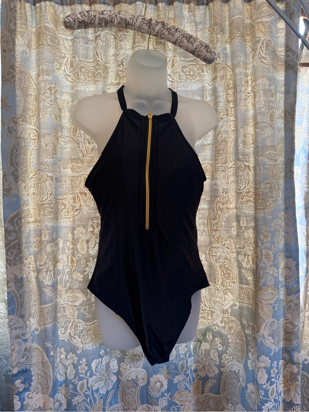 Black Halter One-Piece Swimsuit with Gold Front Zip